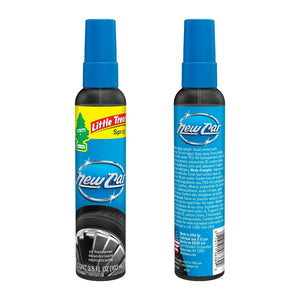 Little Trees New Car Scent spray air freshener bottle, front and back view, on white background