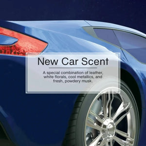 Blue car close-up with text describing Little Trees New Car Scent, available at Sunbeam Merchantile.