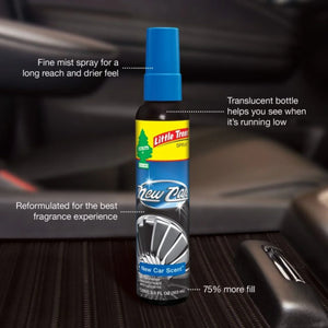 Little Trees New Car Scent spray air freshener in car interior, highlighted features, Sunbeam Merchantile