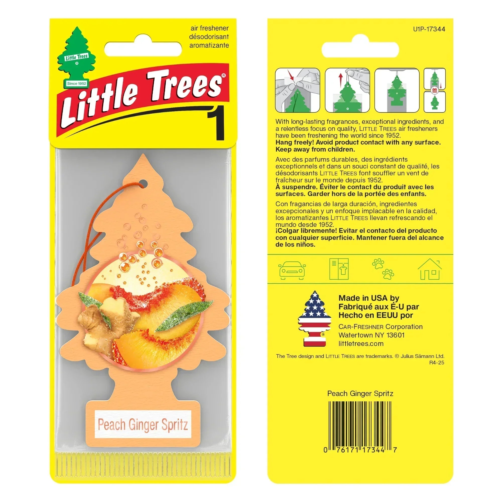 Little Trees Peach Ginger Spritz car air freshener in yellow retail packaging, Sunbeam Merchantile
