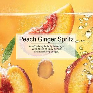 Peach Ginger Spritz drink with peach slices, ginger, bubbles, and text overlay, Sunbeam Merchantile