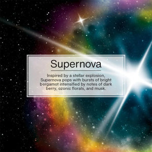 Supernova fragrance description with starburst and colorful cosmic background, Sunbeam Merchantile FMCG product.