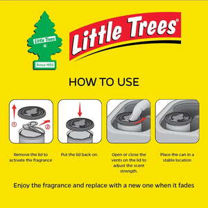 Little Trees Supernova Fiber Can air freshener usage instructions on a yellow background
