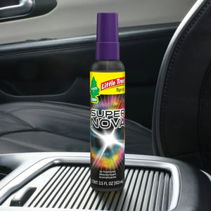Little Trees Supernova car air freshener spray in a black leather car interior, Sunbeam Merchantile