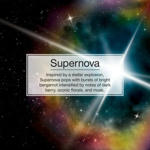 Supernova fragrance description over a colorful cosmic explosion, highlighting bergamot and musk notes at Sunbeam Merchantile Ventures.