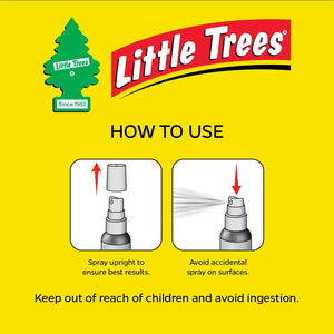 Little Trees spray air freshener usage instructions on a bright yellow background, Sunbeam imported FMCG.