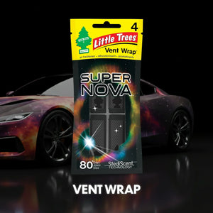 Little Trees Supernova Vent Wrap car air freshener pack displayed in front of a galaxy-themed sports car, imported by Sunbeam Merchantile Ventures.