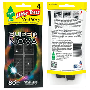 Little Trees Supernova Vent Wrap air freshener 4-pack with StediScent Technology, front and back packaging, Sunbeam Merchantile FMCG import.