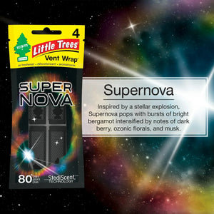 Little Trees Supernova Vent Wrap air freshener packaging with galaxy background, imported by Sunbeam Merchantile Ventures.