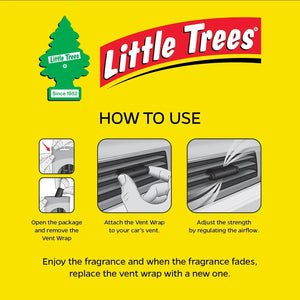 Little Trees car vent wrap instructions on yellow background, imported FMCG from Sunbeam Merchantile Ventures.