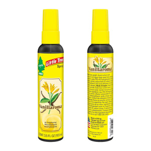 Little Trees Vanillaroma air freshener spray, 3.5 fl oz, vanilla scent, yellow bottle with spray nozzle