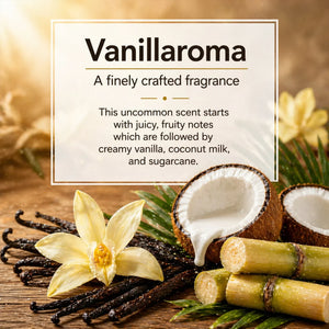 Vanillaroma fragrance with vanilla, coconut milk, and sugarcane notes, featuring vanilla beans and flowers