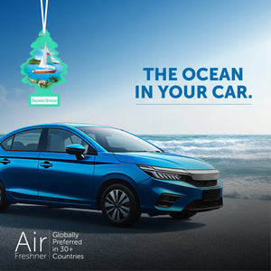 Blue car parked by ocean with hanging Little Trees Bayside Breeze air freshener and text The Ocean In Your Car
