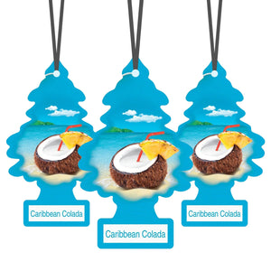 Three Caribbean Colada scented tree-shaped car air fresheners with tropical coconut drink design