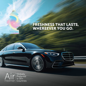 Black luxury car on road with Little Trees Cotton Candy air freshener hanging and fresh scent message