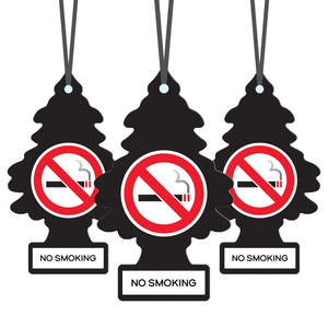 Three black tree-shaped hanging air fresheners with red no smoking symbol and text