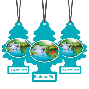 Three Little Trees Rainforest Mist car air fresheners with waterfall and floral design