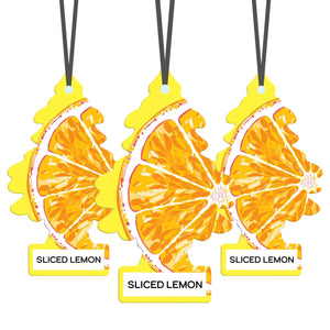 Three hanging Little Trees air fresheners with sliced lemon design and yellow borders