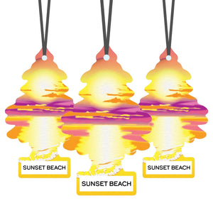 Three hanging Little Trees air fresheners featuring a vivid Sunset Beach design with vibrant sunset colors and ocean waves