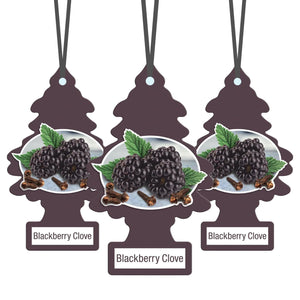 Three hanging car air fresheners shaped like pine trees with blackberry and clove design, labeled Blackberry Clove