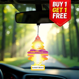 Sunset Beach car air freshener hanging from rearview mirror with buy 1 get 1 free offer