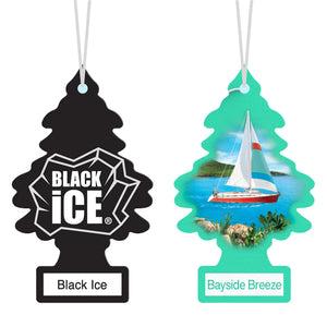Two Black Ice tree-shaped car air fresheners: one in Black Ice and one in Bayside Breeze scent.
