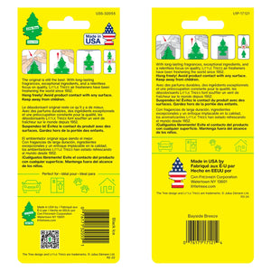 Front and back packaging of Little Trees car air fresheners in Black Ice and Bayside Breeze scents.