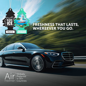 Black Ice car air fresheners featuring Bayside Breeze scent next to a luxury black sedan.