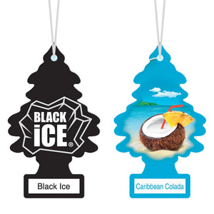 Black Ice Caribbean Colada car air fresheners, one black and one with a beach coconut image.