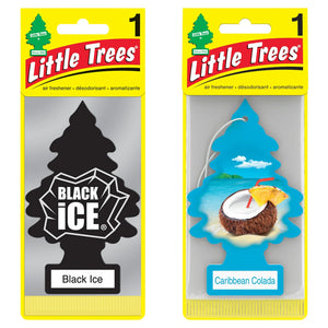 Little Trees car air fresheners in Black Ice and Caribbean Colada scents.