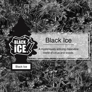 Black Ice masculine fragrance with citrus and wood notes on a textured ice background.