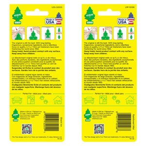 Two Little Trees car air fresheners in Black Ice and Rainforest Mist scents.