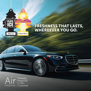 Black Ice and Sunset Beach car air fresheners next to a luxury black car in motion.
