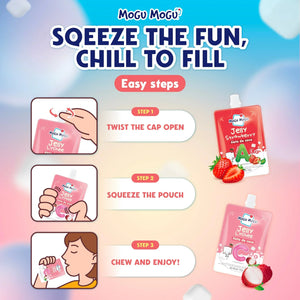 Mogu Mogu jelly drink instructions with strawberry and lychee flavors, showing twisting cap, squeezing pouch, and drinking steps