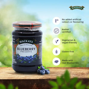 Jar of Mackays Blueberry Preserve with fresh blueberries on wooden surface and health benefits icons