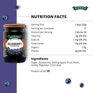Mackays Blueberry Preserve jar with nutrition facts and ingredients, showing calories, carbs, and product info