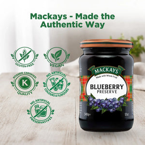 Mackays Blueberry Preserve jar on a table with gluten-free, vegan, kosher, and no artificial preservatives icons.
