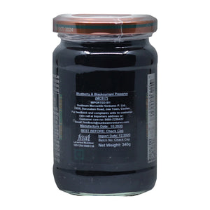 Jar of Mackays Blueberry & Blackcurrant Preserve with label and nutritional details