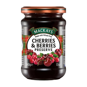 Jar of Mackays Cherries & Berries preserve with red fruit label and tartan design, 340g