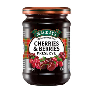 Jar of Mackays cherries and berries preserve with whole fruit, 340g