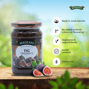Mackays Fig Preserve jar on wooden surface with fresh figs, highlighting kosher, gluten-free, vegan, and small batch features