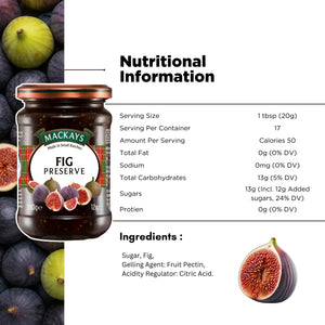 Mackays fig preserve jar with nutrition facts, ingredients, and fresh figs background