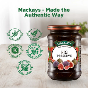 Mackays fig preserve jar on table with vegan, gluten-free, kosher, and no artificial preservatives icons.