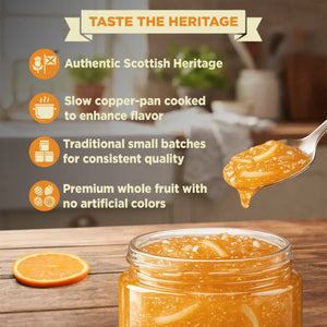 Open jar of orange marmalade with spoonful, orange slice, and product benefits listed beside.