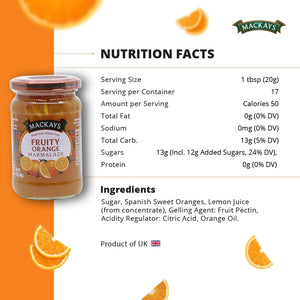 Mackays Fruity Orange Marmalade jar with nutrition facts and ingredients, UK product