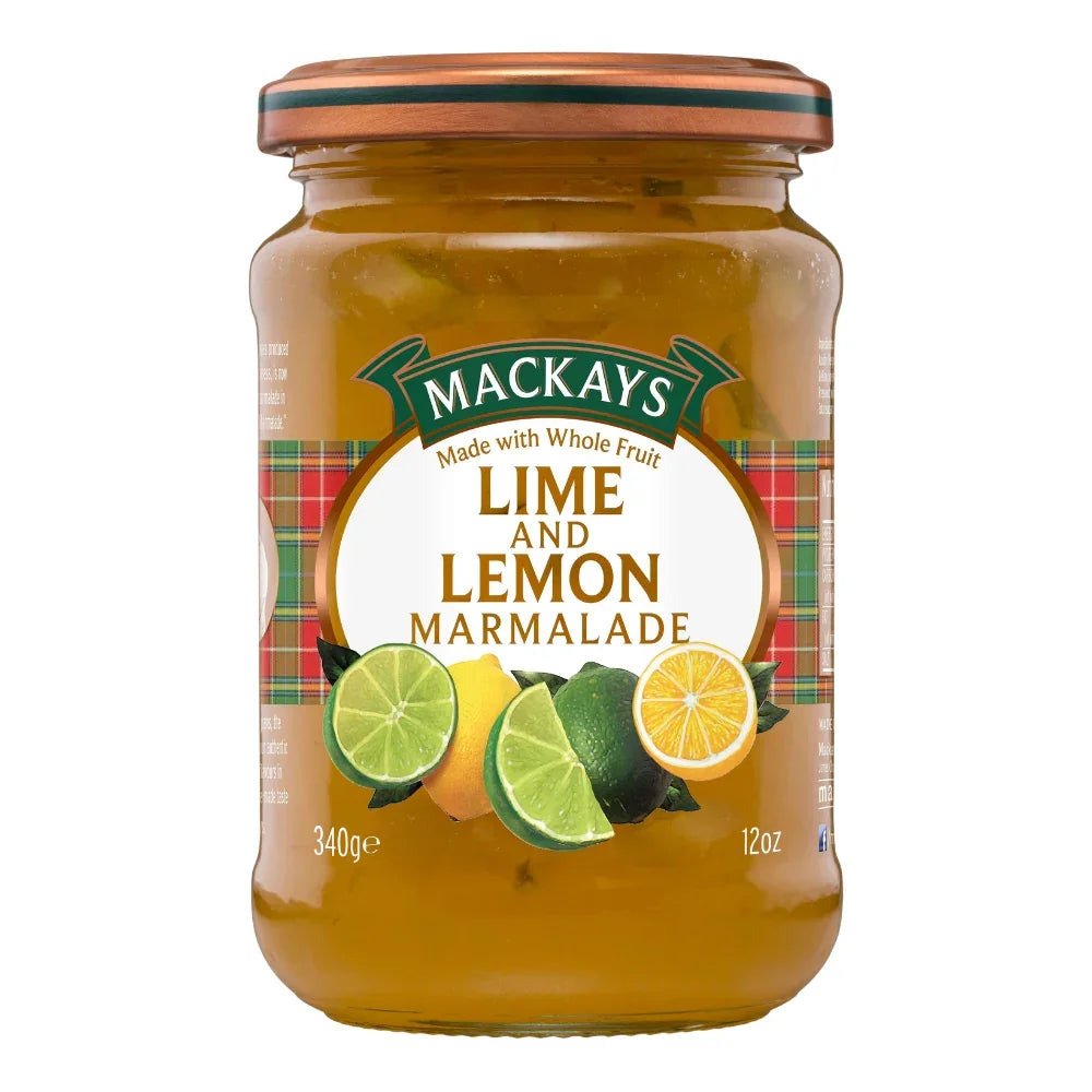 Jar of Mackays lime and lemon marmalade with fruit images on label, 340g