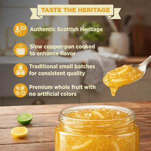 Glass jar of lime and lemon marmalade with fruit slices, spoonful above, product benefits listed.