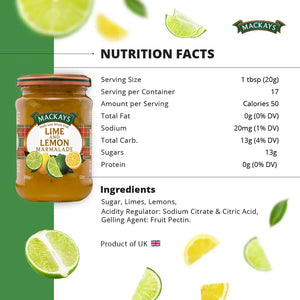 Mackays Lime and Lemon Marmalade jar with nutrition facts and ingredients on white background