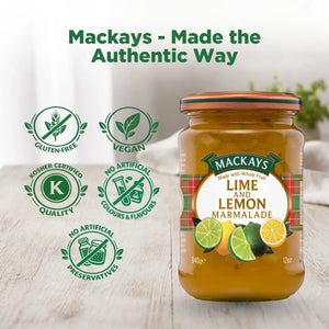 Mackays lime and lemon marmalade jar with gluten-free, vegan, kosher, and no additives icons