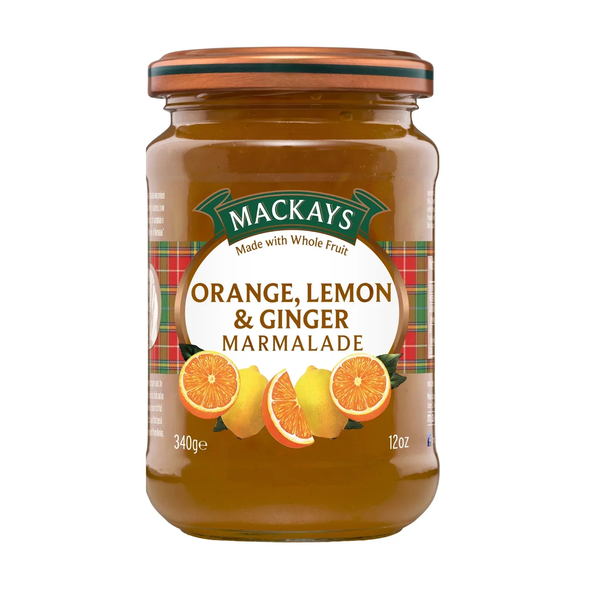Jar of Mackays Orange, Lemon & Ginger Marmalade with fruit illustrations and plaid label
